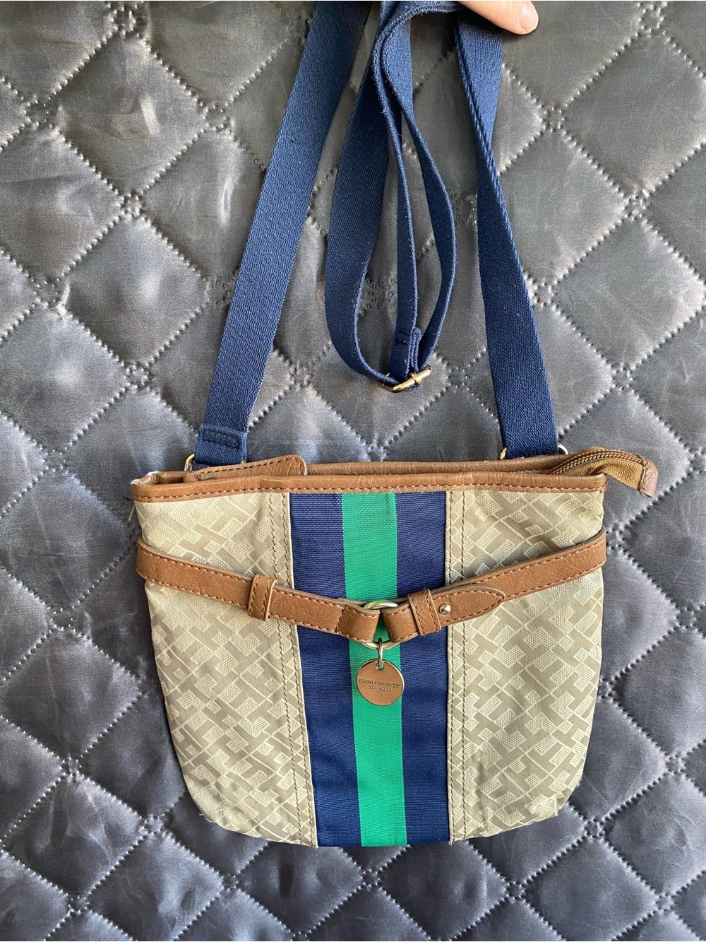 Tommy Hilfiger Y2K Monogram Canvas Crossbody Bag | Navy Green Stripe